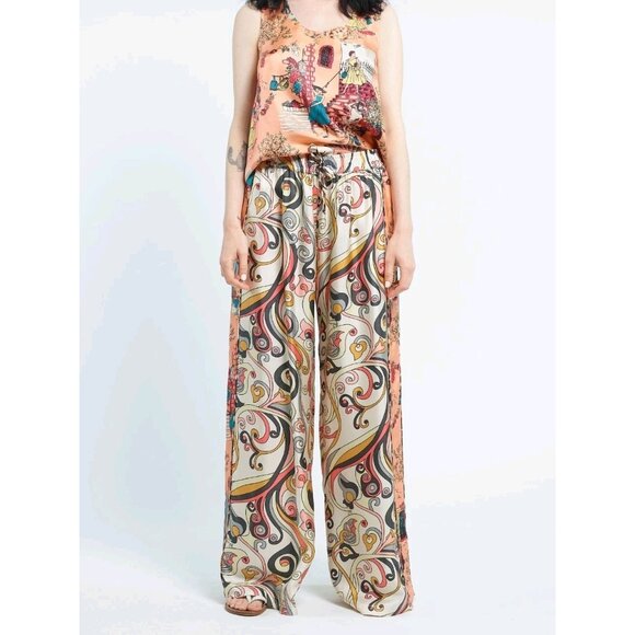 NWOT La Prestic Ouiston 100% Silk Paisely Print Pants Sz 0/S Beige/Pink Boho - Picture 2 of 9